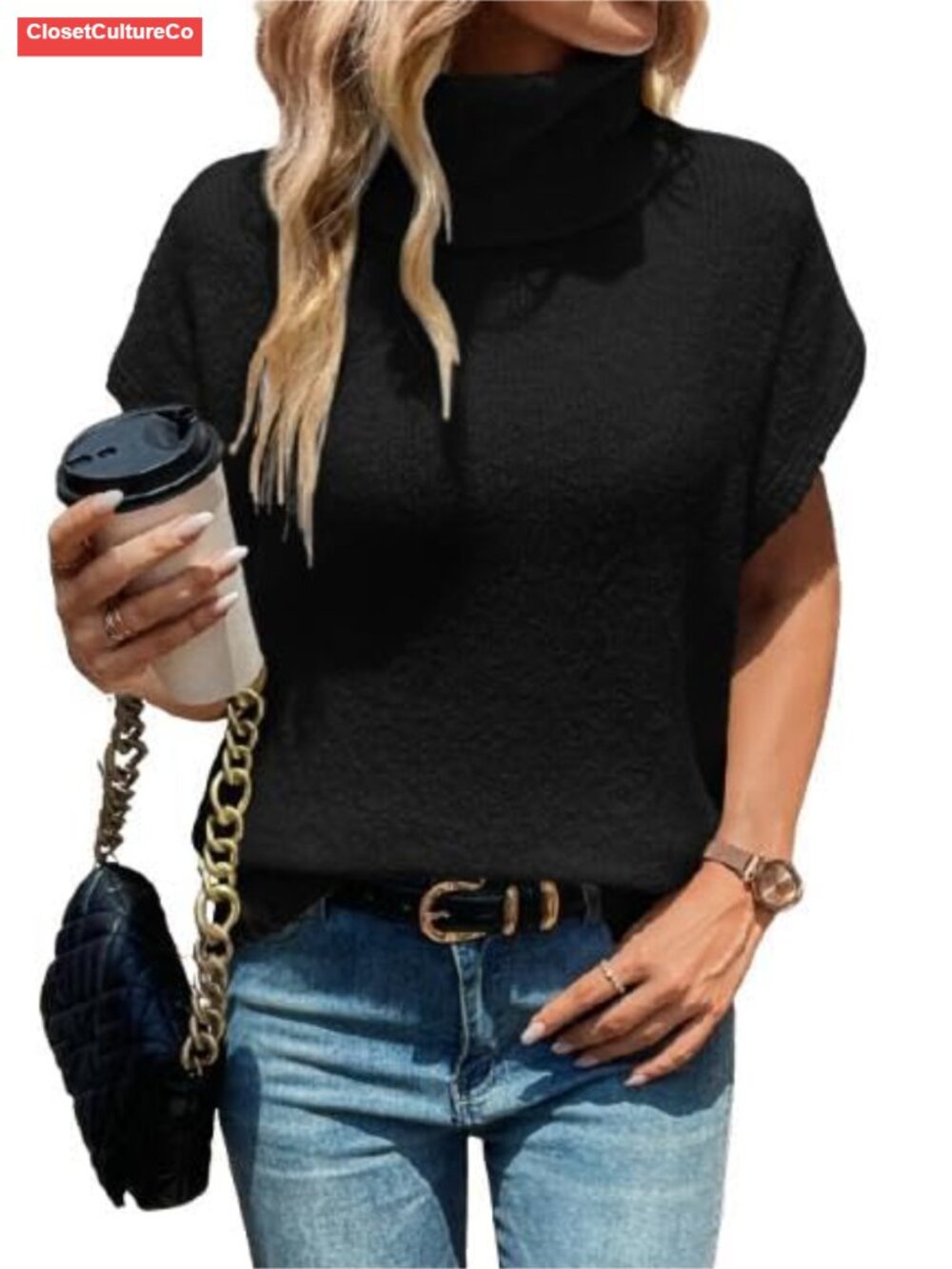 Oversized Turtleneck Cap Sleeve Sweater Vest Loose Knit Pullover